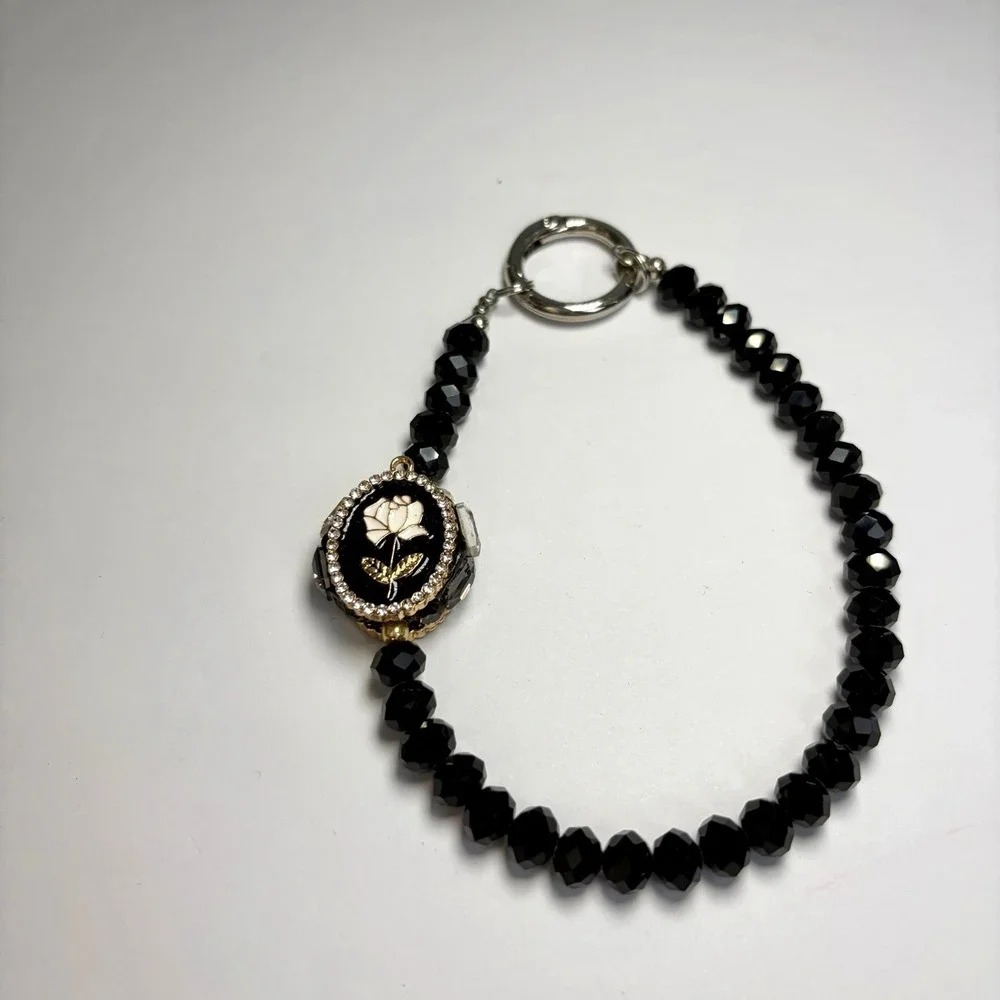 Boutique Black Crystal‎ Rose Bag Charm Chic Goth Coquette Lariat Purse Sparkle